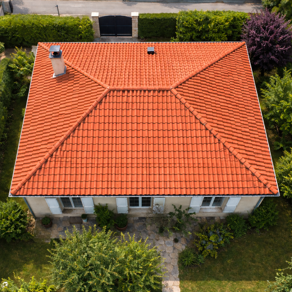Vue aérienne prise du dessus de la même maison pavillonnaire avec toiture en tuiles terre cuite propre, uniforme et rénovée, sans mousses ni noircissements visibles.