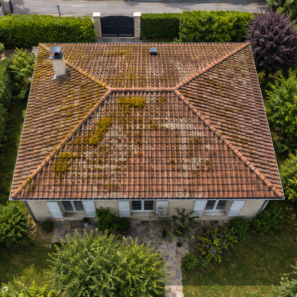 Vue aérienne prise du dessus d’une maison pavillonnaire avec toiture en tuiles terre cuite encrassée, noircissements visibles, mousses et lichens répartis sur plusieurs pans du toit.