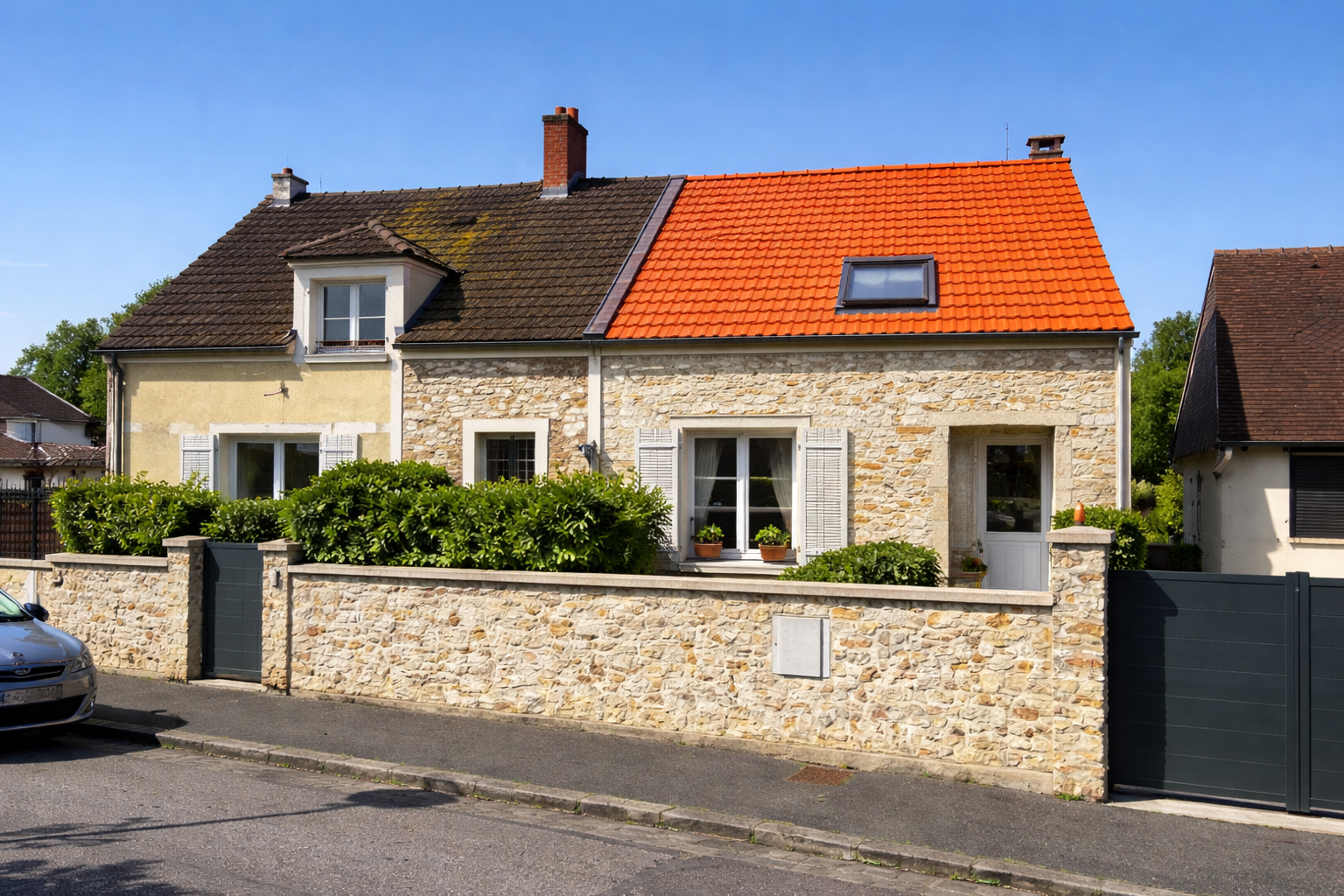 Maison francilienne mitoyenne en pierre et enduit, vue depuis la rue derrière un muret, avec toiture à gauche sombre et encrassée avec mousses visibles, et toiture à droite propre en tuiles rouges après traitement, sous un ciel bleu.