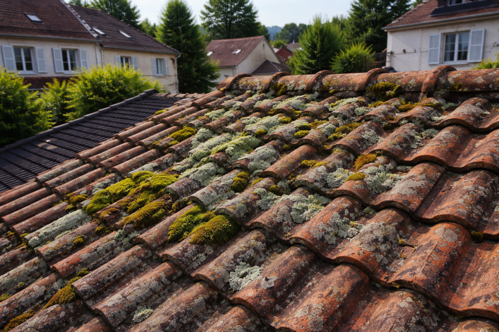 Toiture en tuiles terre cuite d’une maison pavillonnaire francilienne, avec mousses vertes et lichens gris visibles sur de nombreuses tuiles, dans un quartier résidentiel en arrière-plan.
